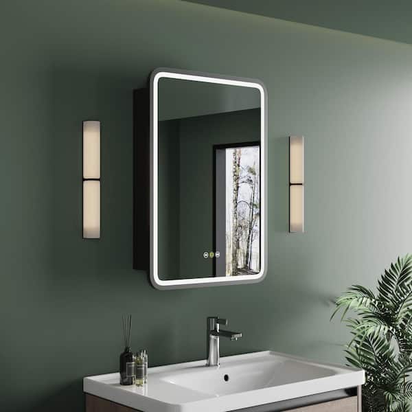 HBEZON Thalia 20 in. W x 28 in. H Rectangular Iron LED Defogging Medicine Cabinet with Mirror, Black, Left hinge
