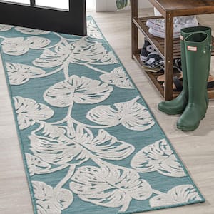 Tobago High-Low Two-Tone Monstera Leaf Blue/Ivory 2 ft. x 8 ft. Indoor/Outdoor Area Rug