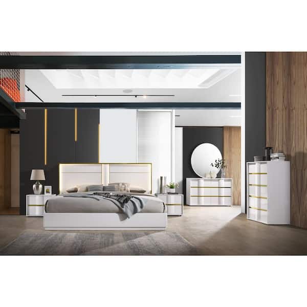 Best Master Furniture Havana White/Gold Wood Modern King Bedroom Set (5-Piece)