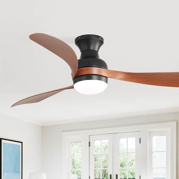 52 in. Modern Indoor Black 6-Speed Brown Blades Flush Mount Ceiling Fan with 3-Color Dimmable LED Light