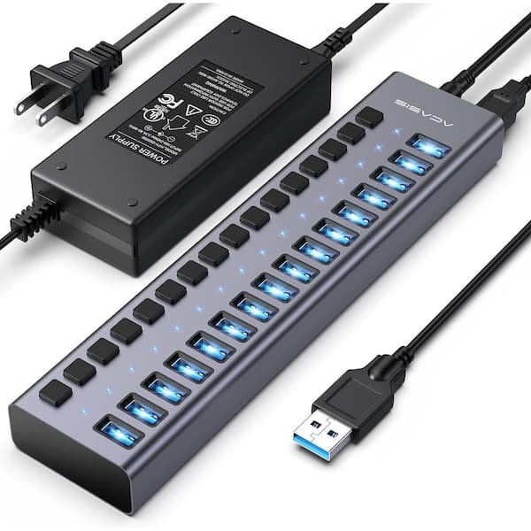Etokfoks Powered USB Hub,16 Ports USB 3.0 Data Hub, Individual Switches 12V7.5A 90W Power Adapter, USB Hub 3.0 Splitter Extension
