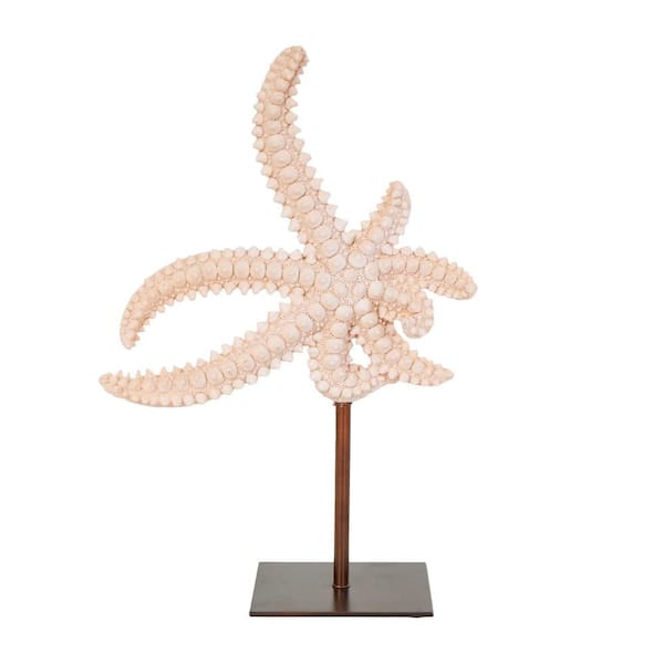 Litton Lane 12 in. Pink Polystone Textured Starfish Sculpture with Copper Stand