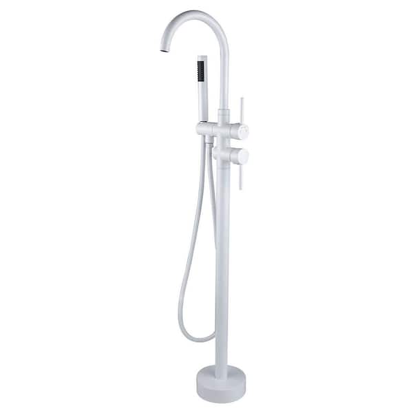 UPIKER Double Handle Freestanding Tub Faucet Floor Mount Tub Filler with Hand Shower and Swivel Spout in Snow White