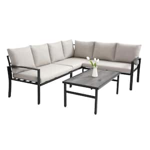 4-Piece Steel Metal Frame Outdoor Sectional Furniture Sets Patio Conversation Sets with Beige Cushions and Coffe Table