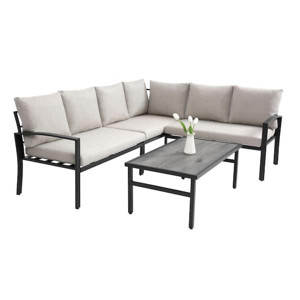 HOMEFUN 4-Piece Steel Metal Frame Outdoor Sectional Furniture Sets Patio Conversation Sets with Beige Cushions and Coffe Table