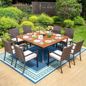 Black 9-Piece Metal Square Patio Outdoor Dining Set with Wood Finish Slat Table and Rattan Chairs with Beige Cushion