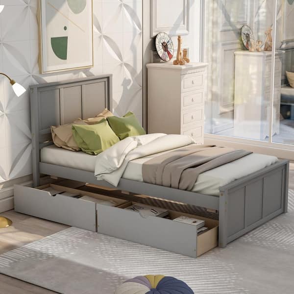 Polibi Gray Wood Frame Twin Size Platform Bed, 2-Drawers with Wheels