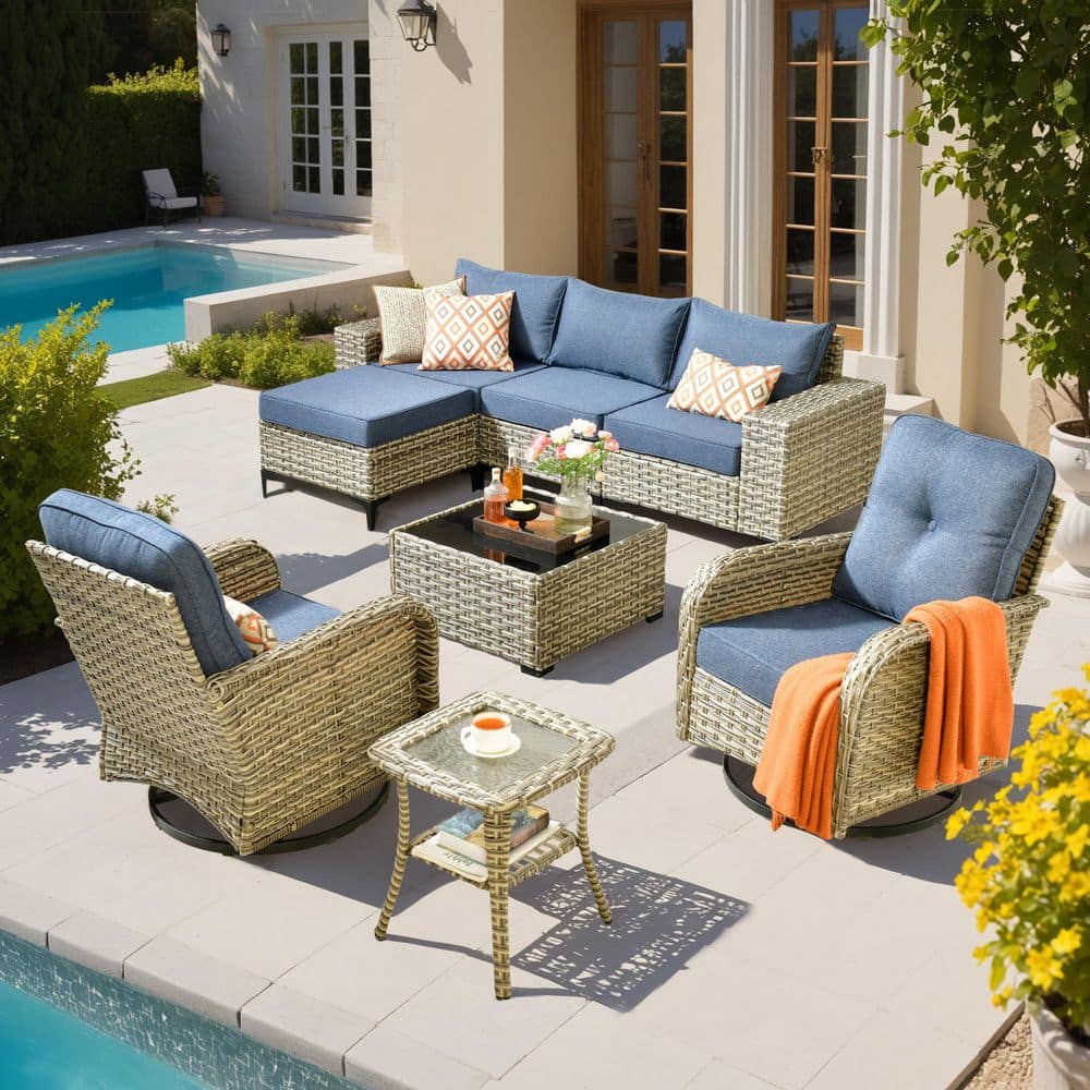 Vinency Gray 8-Piece Wicker 7.68 in. Wide Arm Patio Conversation Set with Denim Blue Cushions and Swivel Chairs price history on PriceWatchPro