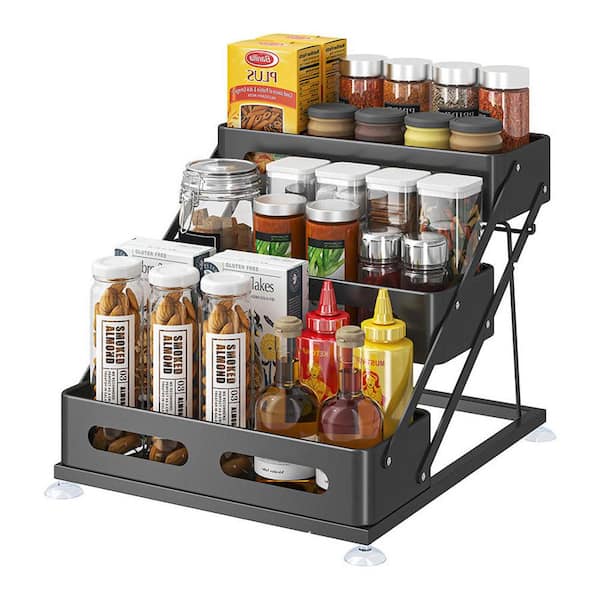 3 Tier Foldable Spice Rack Organizer，Large Capacity Adjustable Height Seasoning Shelf For Countertop And Cabinet, Black