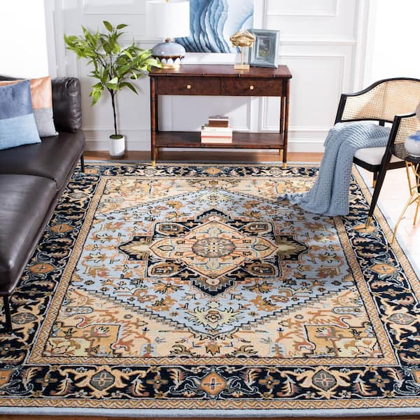 Heritage Blue/Light Brown 9 ft. x 12 ft. Border Floral Medallion Area Rug