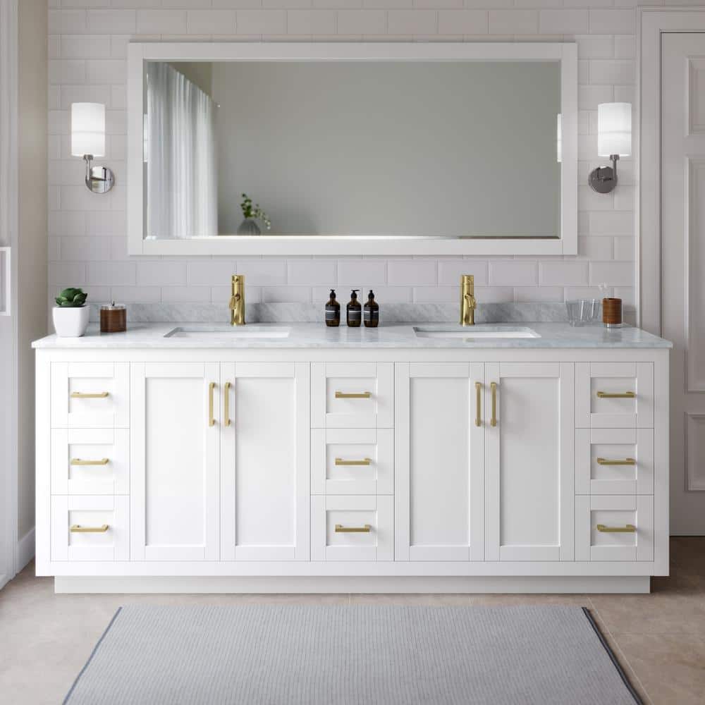 Miranda 84 in. W x 22 in. D x 33.75 in. H Double Sink Bath Vanity in White with White Carrara Marble Top and Mirror price history on PriceWatchPro