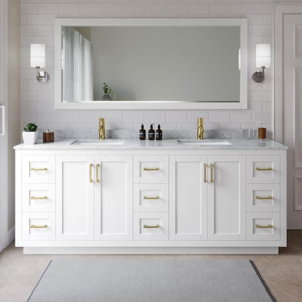 Wyndham Collection Miranda 84 in. W x 22 in. D x 33.75 in. H Double Sink Bath Vanity in White with White Carrara Marble Top and Mirror