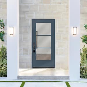 Legacy 30 in. x 80 in. Icon 3-Lite Modern Clear Glass RHIS Dark Denim Fiberglass Prehung Front Door