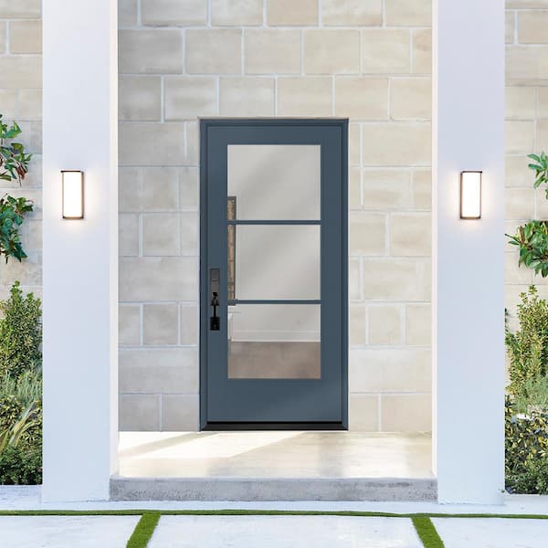 Legacy 30 in. x 80 in. Icon 3-Lite Modern Clear Glass RHIS Dark Denim Fiberglass Prehung Front Door