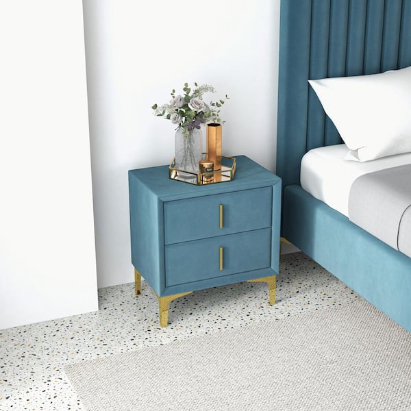 Ashcroft Furniture Co Angelou 2-Drawer Upholstered Sea Blue Mid-Century Nightstand (22 in. x 22.7 in. x 14 in.)