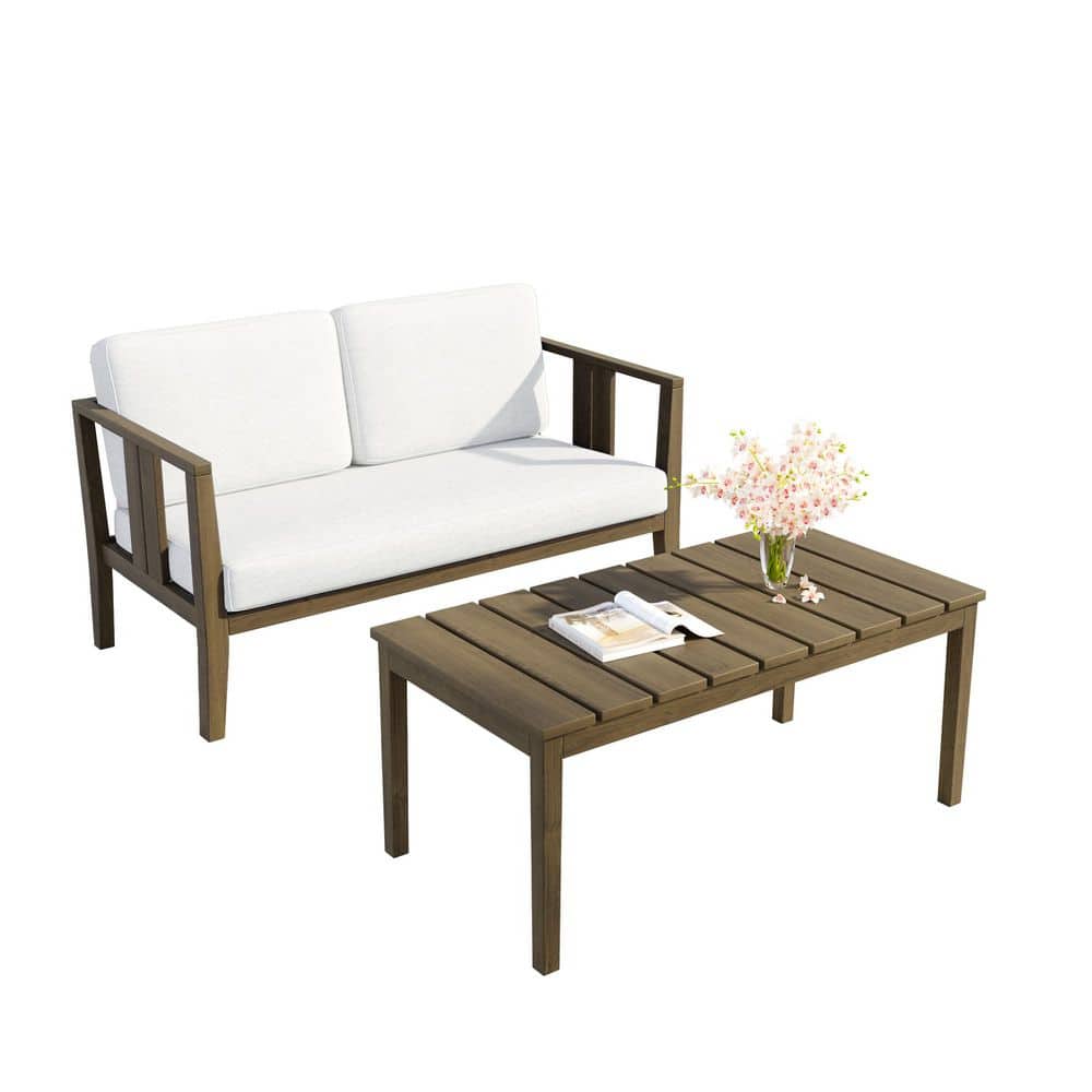 2-Piece Teak Patio Lounge Chairs Conversation Set with Beige Cushions and Brown Coffee Table price history on PriceWatchPro