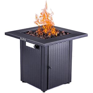 28 in. W x 24 in. H Square Black Propane Gas Metal Fire Pit Table 50,000 BTU with Fire Glass Stone and Lid