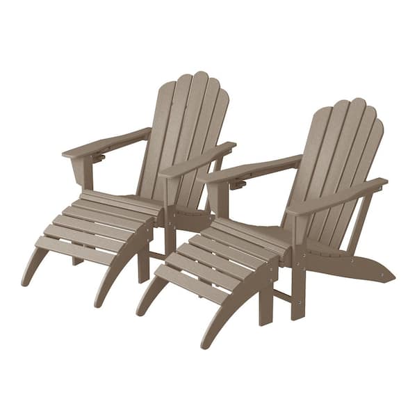 WESTIN OUTDOOR Aderson 4-Piece All Weather Outdoor Weathered Wood Plastic Adirondack Cup Holder Chair w/ Ottoman Patio Conversation Set