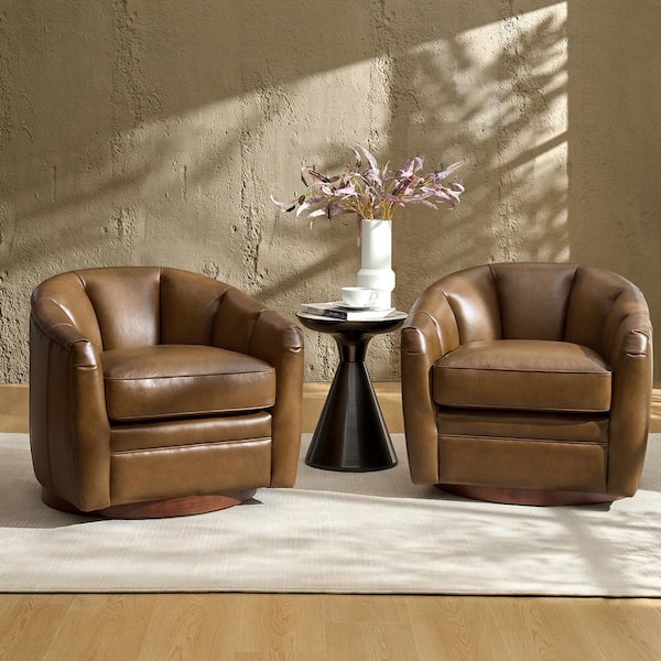 JAYDEN CREATION Piana Camel Genuine Leather Accent Chair with Swivel (Set of 2)