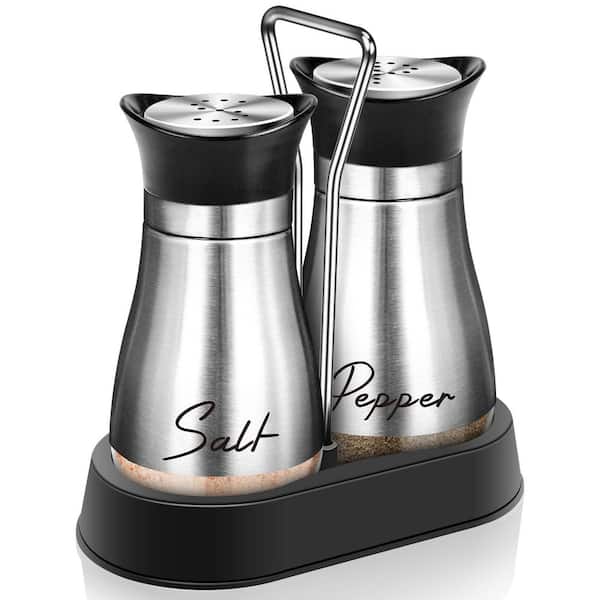 Silver Finish Salt and Pepper Shakers Set with Holder Stainless Steel Glass Bottom Modern Farmhouse Kitchen Table