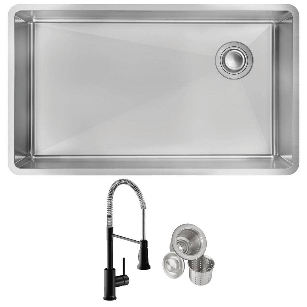 Pearlhaus 33 Inch Single Bowl Drop In Drain Board Utility Sink - 8 Inch  Faucet Drillings - Brushed Stainless Steel
