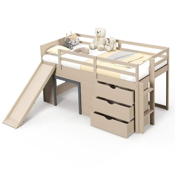 ロフトページ　1110☓730 Costway Beige Twin Wood Low Loft Bed with Slide Ladder