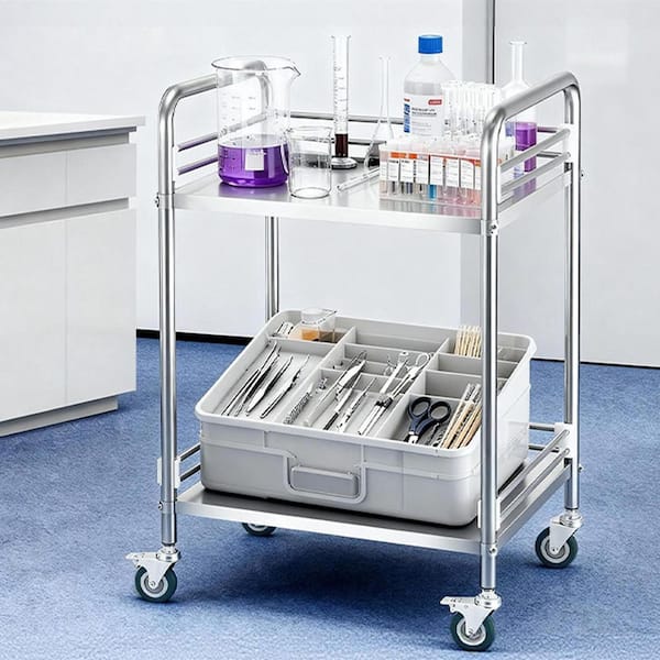 Stainless Steel Cart, Medical Serving Trolley Clinic Tray, Kitchen Cart, 2-Tier Rolling Lab Utility Cart with Wheels