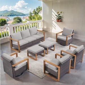 Allcot Brown Wicker 7-Piece Patio Sofa Set Outdoor Deep Seating Conversation Set with Gray Cushions