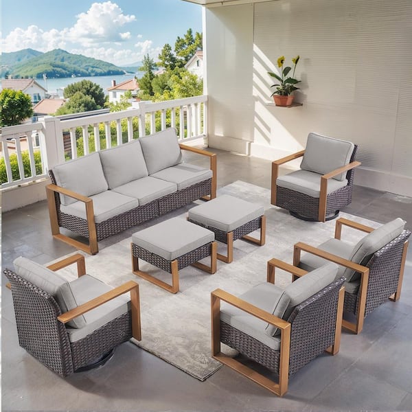 Gymojoy Allcot Brown Wicker 7-Piece Patio Sofa Set Outdoor Deep Seating Conversation Set with Gray Cushions