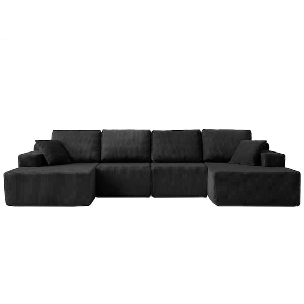 130 in. U-Shaped 6-piece Boneless Corduroy Modular Sectional Sofa with Chaise and Mattress-Grade Springs in Black