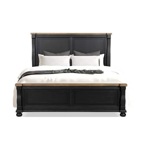 Windcrest Farmhouse Black Wood Frame Queen Panel Bed With Rustic Oak Accents