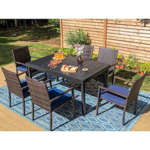 7-Piece Metal Patio Outdoor Dining Set with Rectangle Extensible Table and Rattan Chair with Blue Cushion