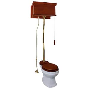 Mahogany Wooden High Tank Pull Chain Toilet 2-Piece 1.6 GPF Single Flush Elongated Bowl in White with Brass Z Pipe