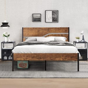 3-Piece Metal Bed Frame Bedroom Set 2-Black Nightstands with Drawer Queen Size Metal Platform Bed Frame with Headboard
