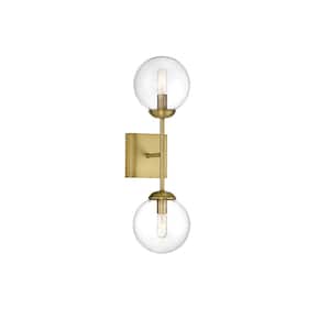 Meridian 6 in. W x 20 in. H 2-Light Natural Brass Wall Sconce with Clear Glass Orb Shades