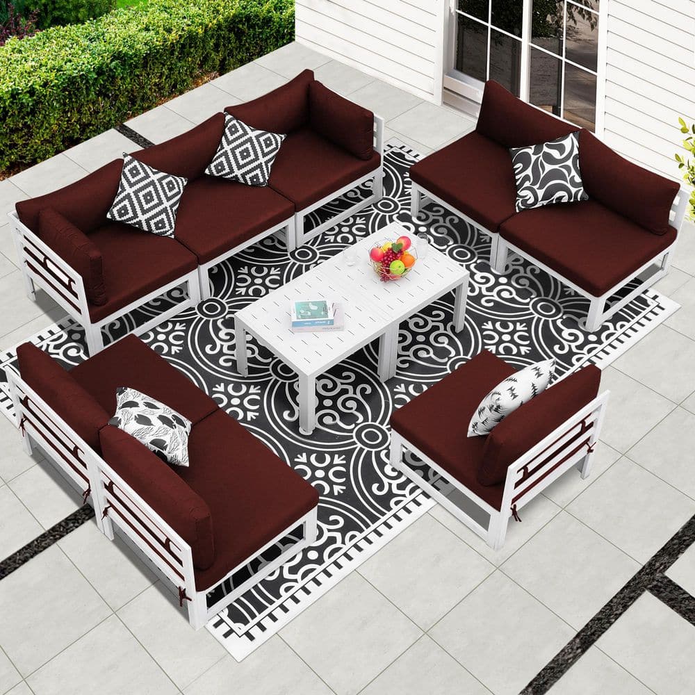 Modern 10-Piece White Aluminum Outdoor Patio Conversation Deep Seating Set with Red Cushions and Coffee Tables price history on PriceWatchPro