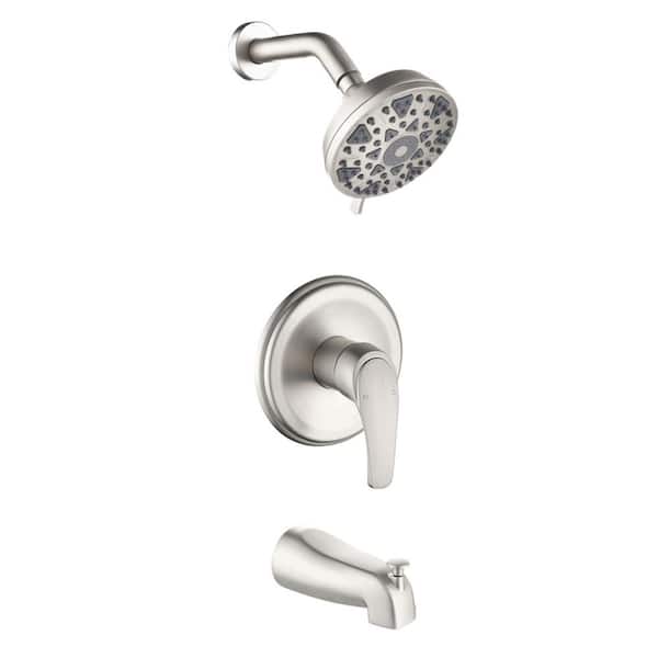 AIMADI Single Handle 6-Spray Wall Mount Tub and Shower Faucet 1.8 GPM 5 In Brass Shower System in Brushed Nickel Valve Included