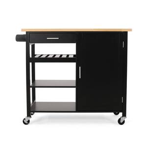 Contemporary Black Rubberwood Top Kitchen Cart with 1 Drawer, 3 Open Shelves and Cabinet with 2 Shelves