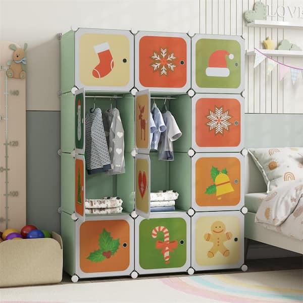 Green Plastic 43 in. 12-Cube Kids Wardrobe Baby Dresser Bedroom Armoire Clothes Hanging Closet with Doors