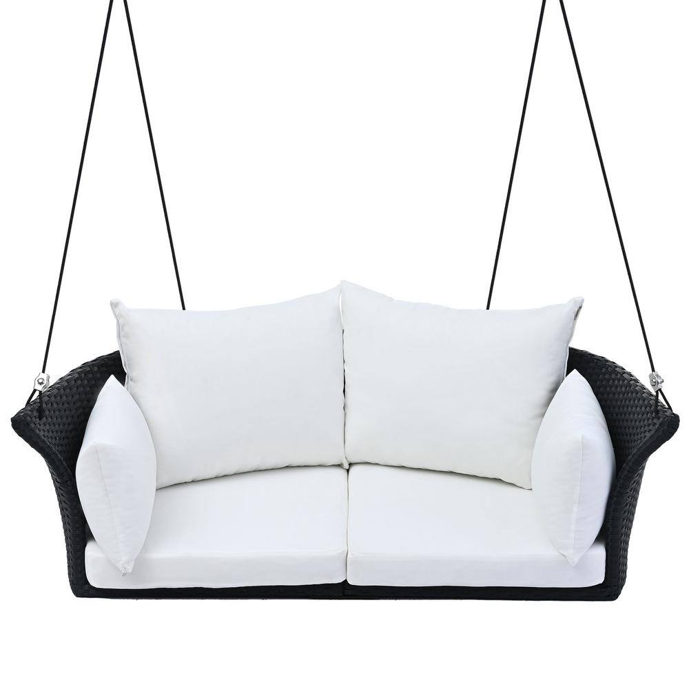 Black Wicker and White Cushion 2-Person Porch Swing