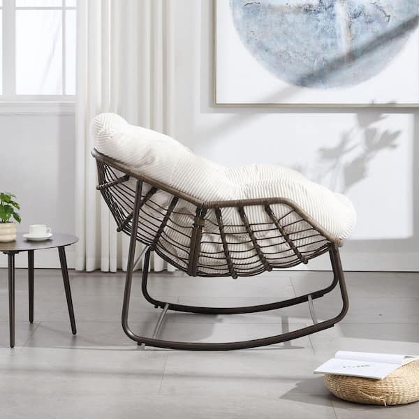 Rattan Metal Outdoor Rocking Chair with Beige Padded Cushion Lounge Chair for Front Porch, Living Room, Patio, Garden