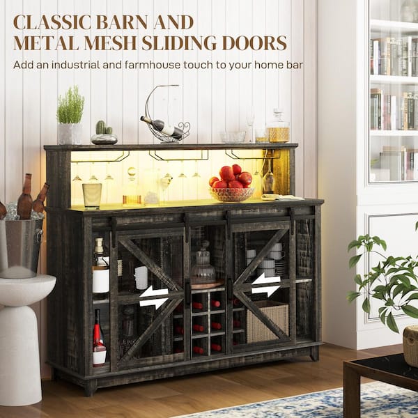 Farmhouse Style Wine Bar Cabinet With LED Lights - 55 Inch Industrial Coffee Station With Wine Rack