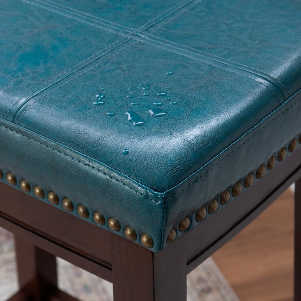 Claridge Dark Brown Wood and Blue Leather 26" Backless Counter Stool