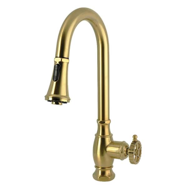 Fuller 1-Handle Deck Mount Pull-Down Sprayer Kitchen Faucet in Brushed Brass