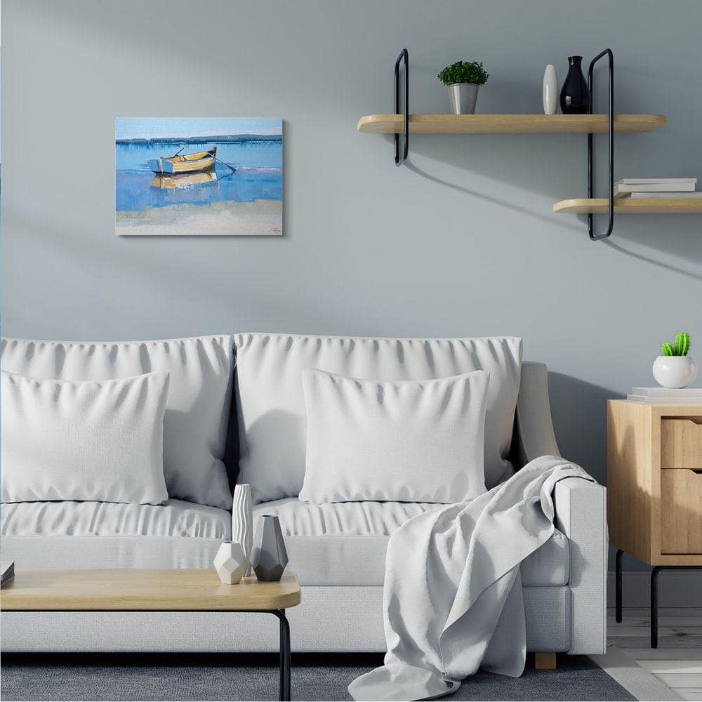 Blue Coastal Shore Landscape Canvas Wall Art with Row Boat