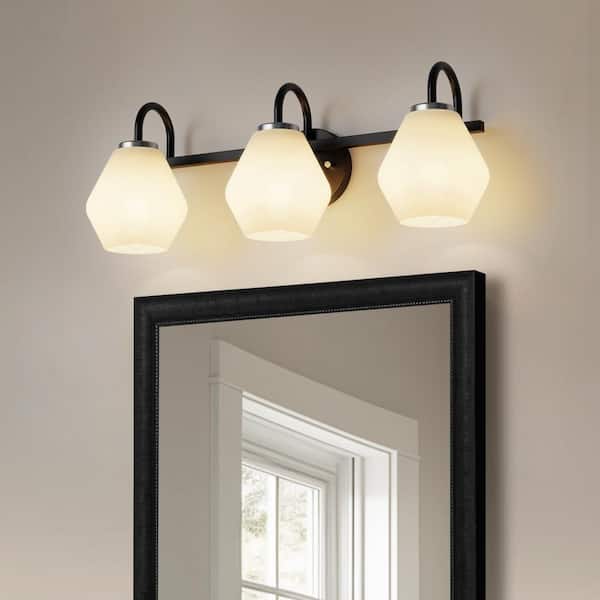 YANSUN 25 in. 3-Light Black Vanity Light with Cone White Glass Shades for Bathroom, Mirror, Bedroom