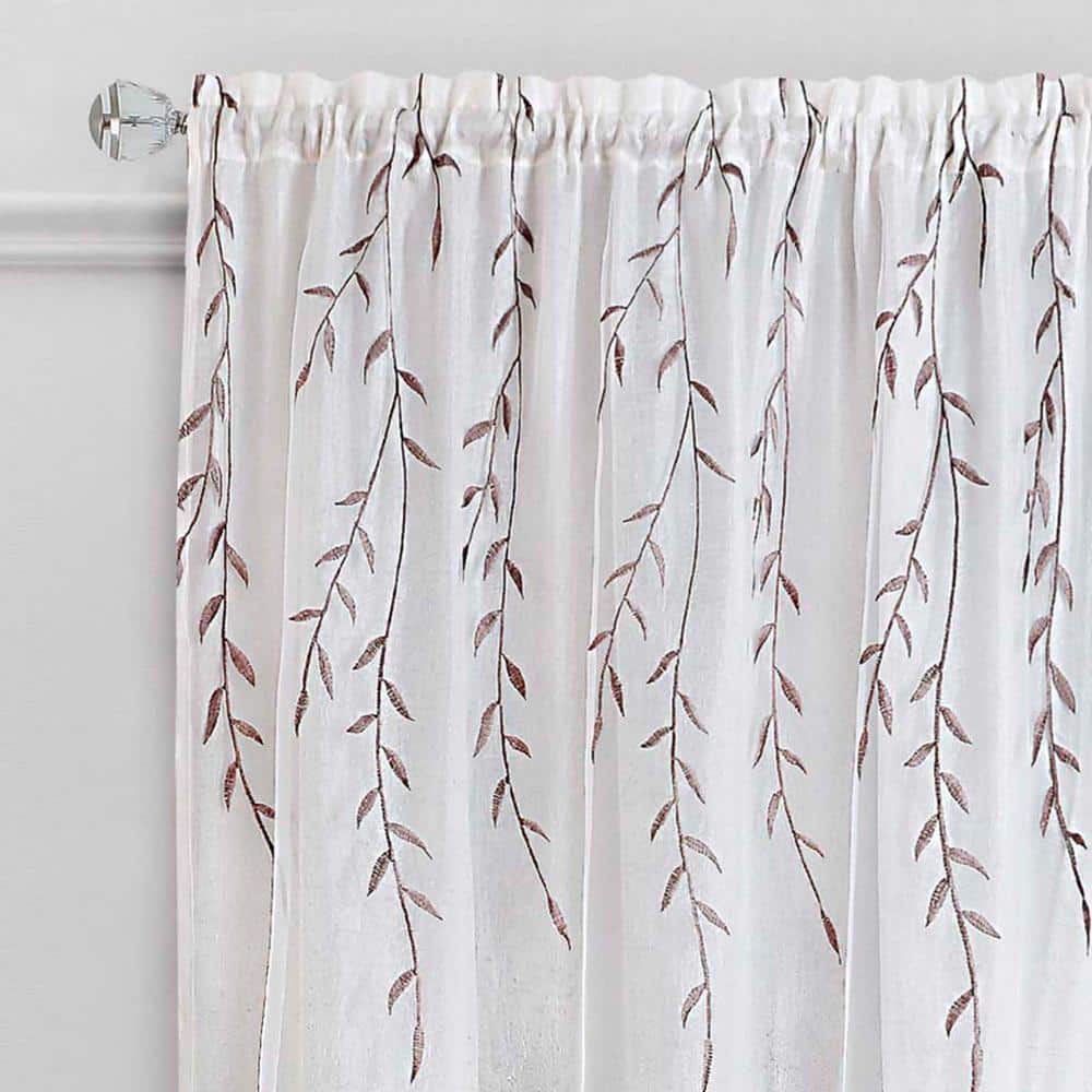 White Embroidered Sheer Polyester Rod Pocket Curtain Panel, 42" x 63"