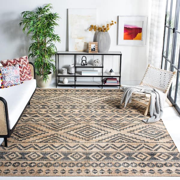 Kilim Natural/Charcoal 8 ft. x 10 ft. Geometric Striped Area Rug