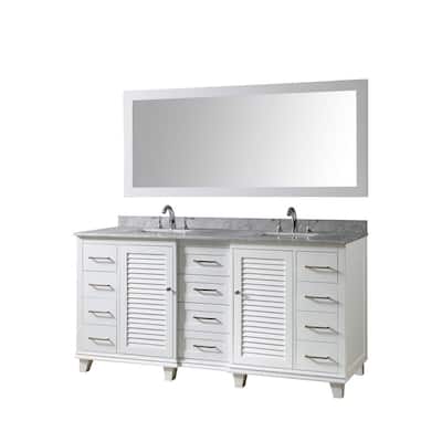 Ultimate Shutter 72 in. Vanity in White with Carrara White Marble Vanity Top with White Basins and Mirror