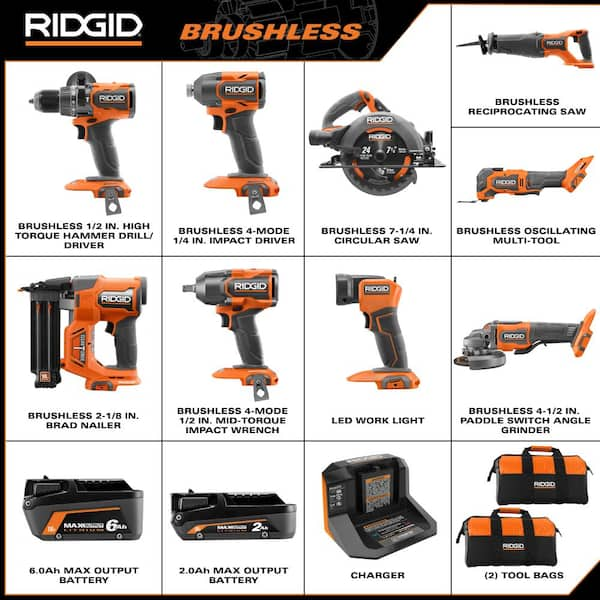 18V Brushless 9-Tool Combo Kit with 6.0 Ah and 2.0 Ah MAX Output Batteries and Charger